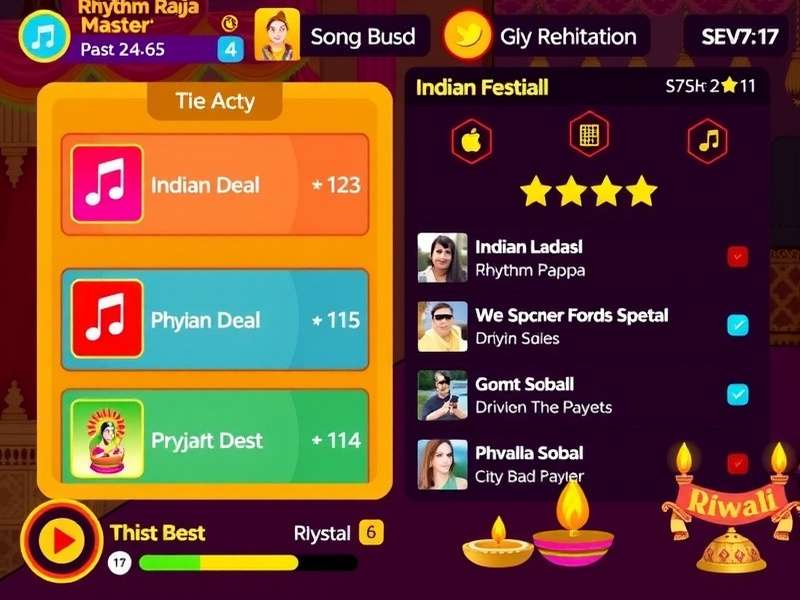 Rhythm Raja Master song selection screen with various Indian music genres